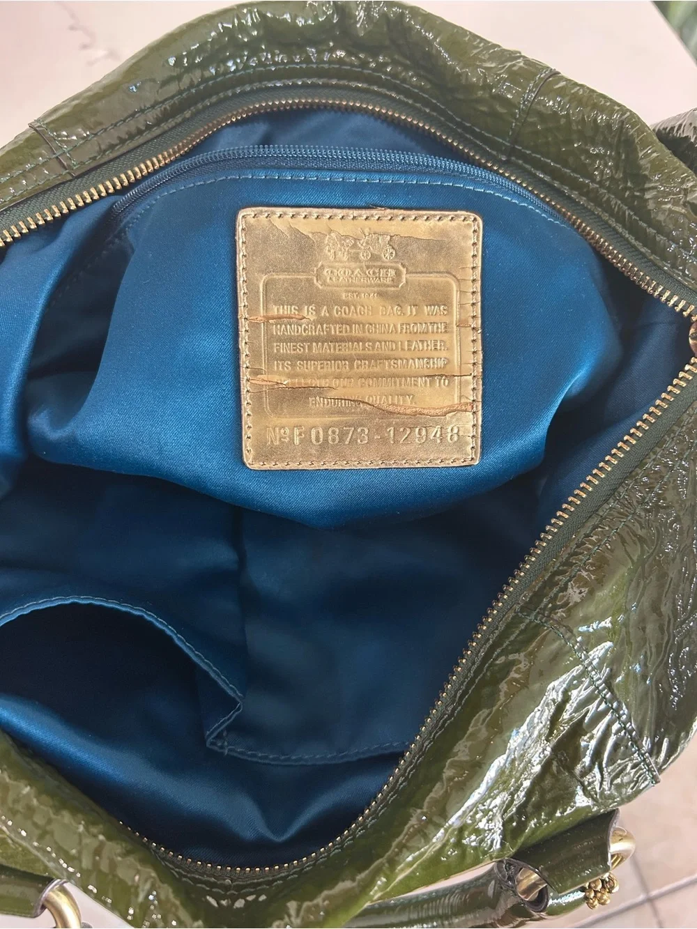 Coach Olive Green Patent Leather Satchel with Chain Strap